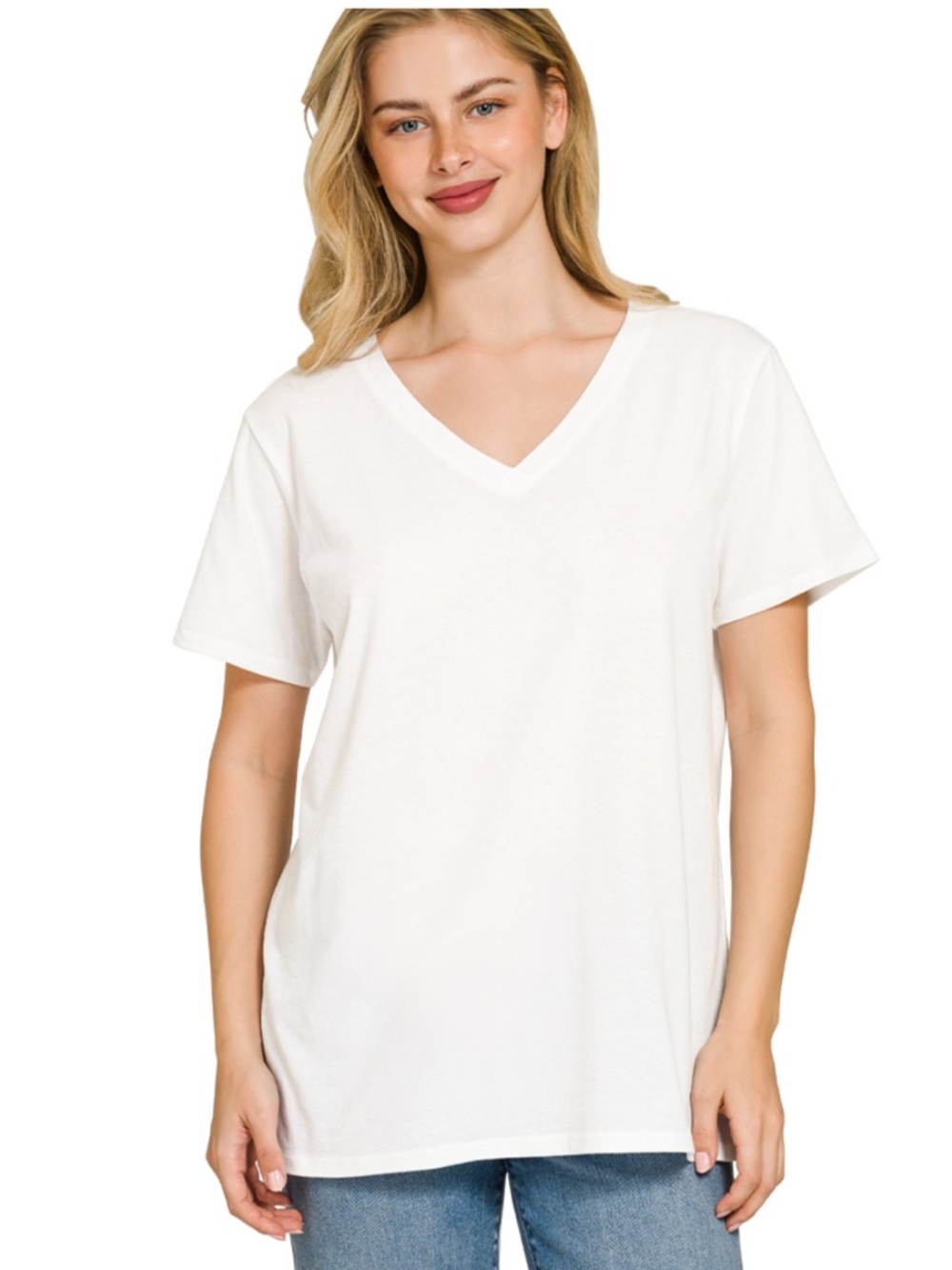 Zenana WHITE V Neck Short Sleeve Tee Cotton Top